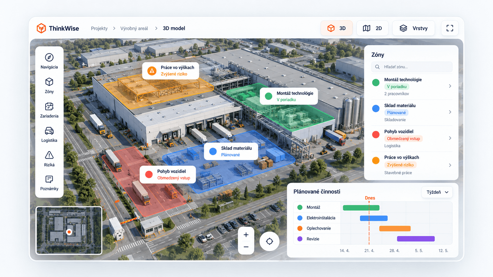 3D plánovanie pracoviska: pracovné a logistické zóny, sklad materiálu, pohyb vozidiel a harmonogram činností